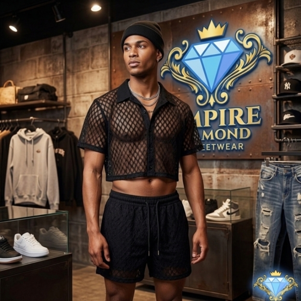SHEIN Men’s Mesh Cropped Shirt & Lined Shorts Set - Black - Size Medium Festival
